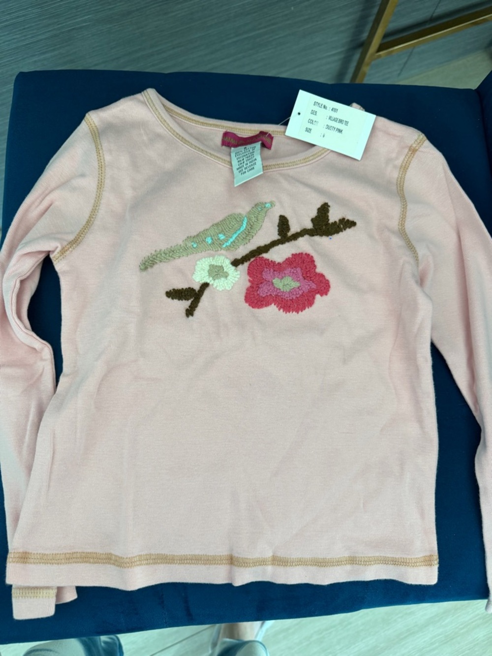 Mimi & Maggie Light Pink Long-Sleeve Top with Bird & Floral Embroidery